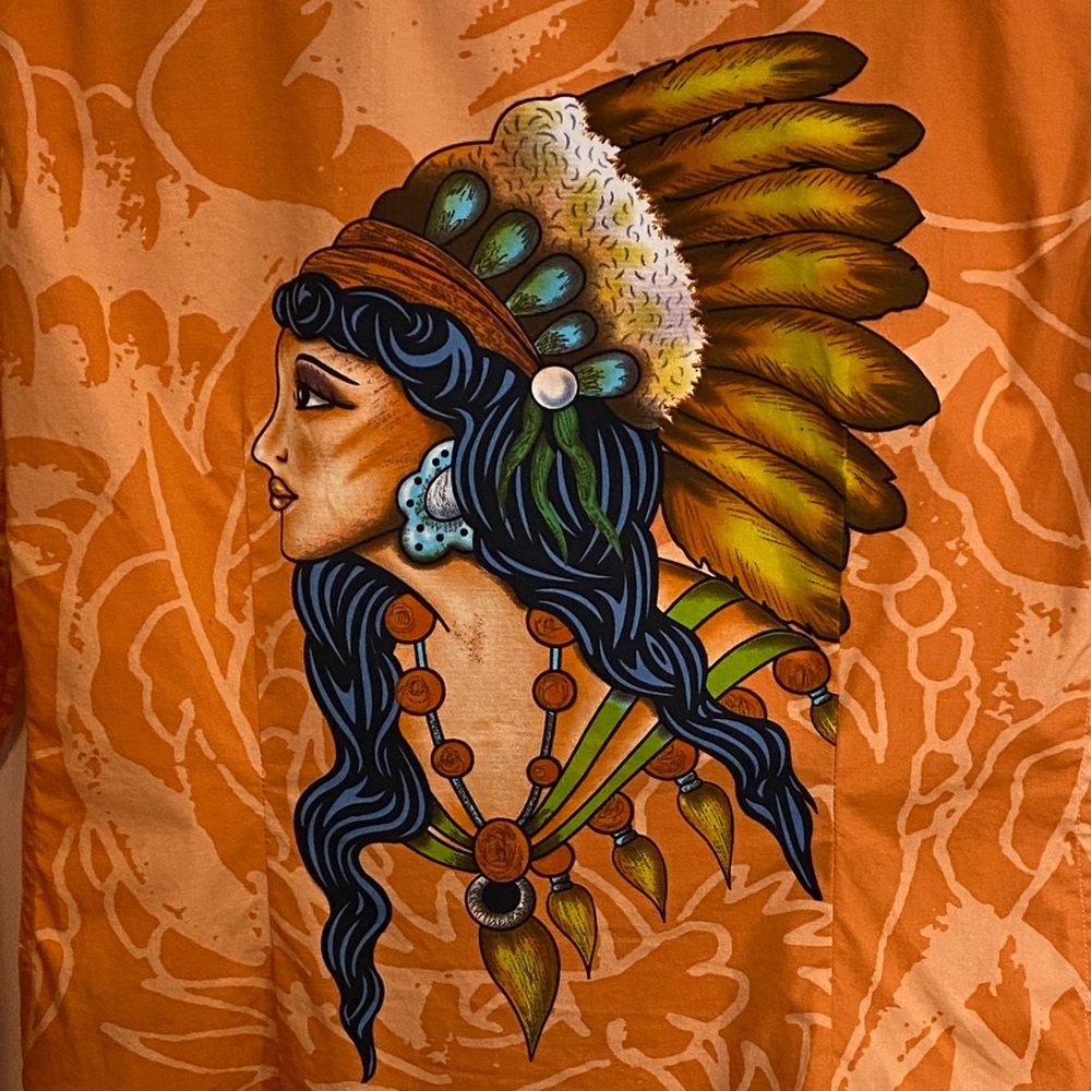 Ed Hardy Orange Tattoo Graphic Button Down Y2K Western Shirt L - Picture 5 of 16